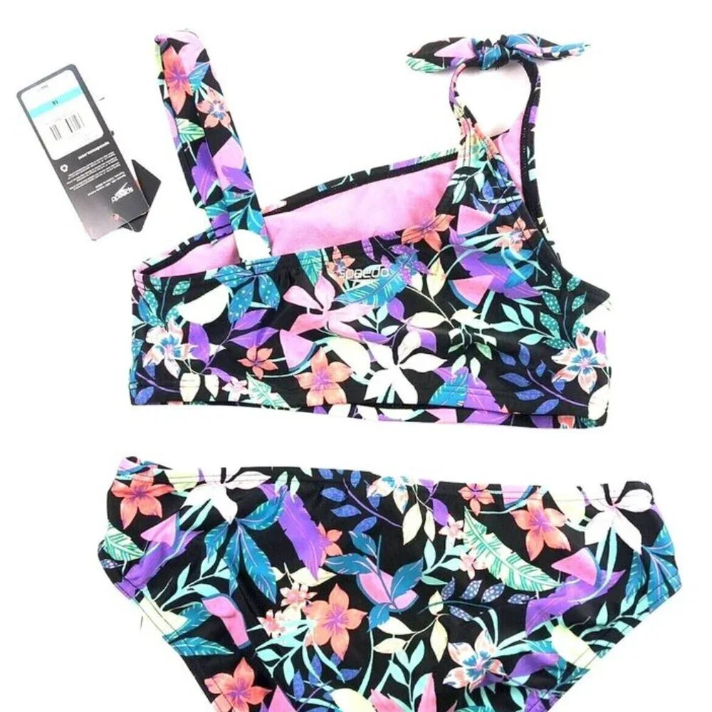 Speedo Girl’s Two Piece Black Floral Bikini Set Size 16